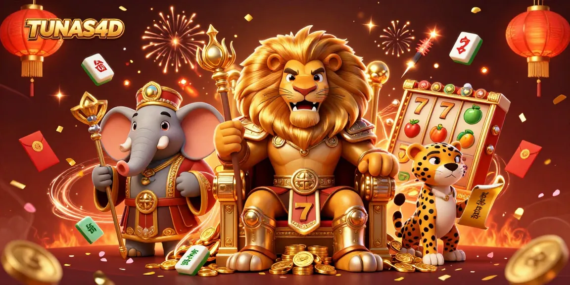 TUNAS4D presents an exciting 3D scene with a lion king, elephant advisor, and cheetah messenger amidst vibrant casino elements.