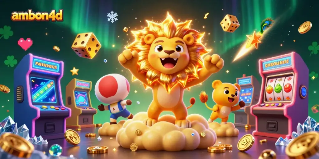 Experience excitement with ambon4d's roaring lion and vibrant casino games in a captivating 3D scene.
