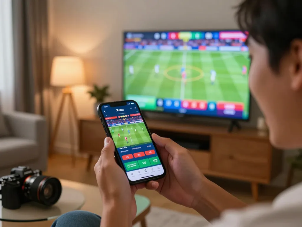 Xoilac user excitedly placing a sports bet on smartphone during a live match.