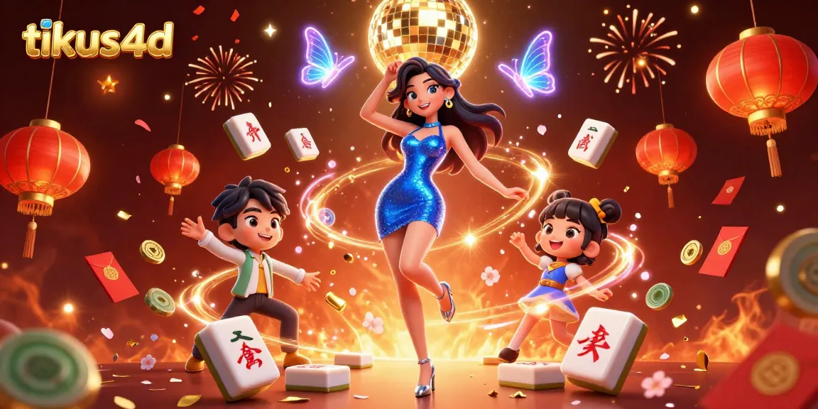 Win exciting prizes at tikus4d with a vibrant 3D illustration of a glamorous scene featuring a dancing woman.