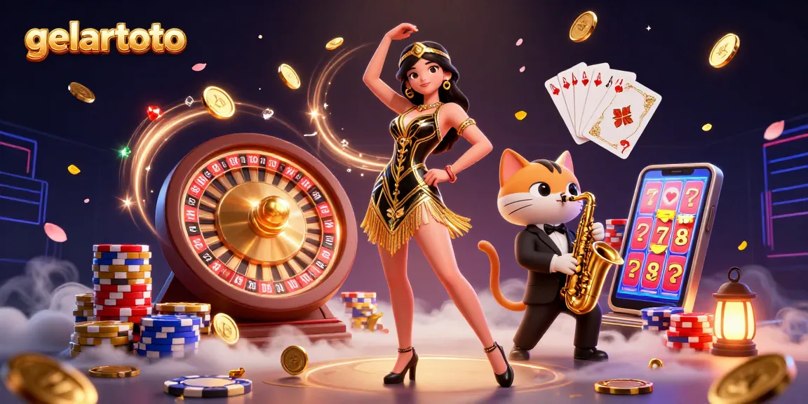 Engage with gelartoto in a vibrant casino scene featuring a stylish flapper dancing amidst golden coins and slot wins.