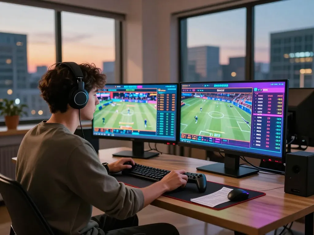 NET88 sports betting enthusiast engaged in live betting environment with screens displaying odds and games