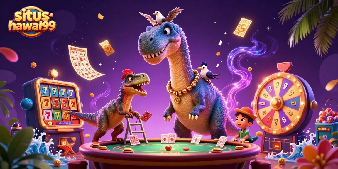 Situs hawai99 presents a vibrant casino scene with a brontosaurus and raptor dealing cards, surrounded by colorful game elements.