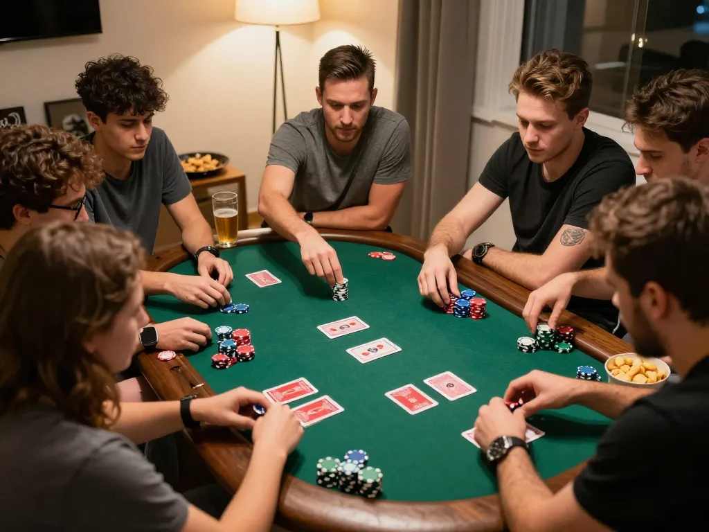 Engaging poker game at home highlighting kerajaanslot strategy with friends around a table.