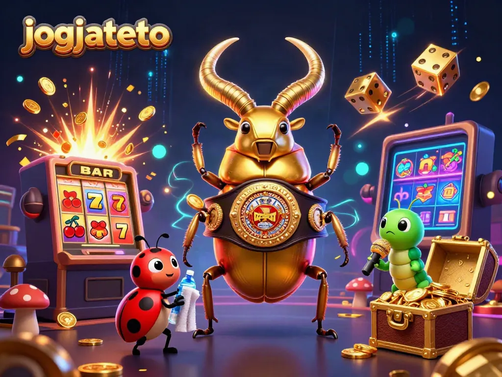 Experience the thrill of jogjatoto with a lively gambling scene featuring characters and casino imagery.