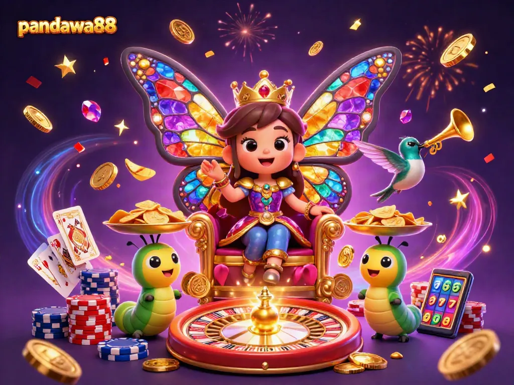 Menggandeng keseruan pandawa88 dengan ilustrasi kasino 3D, ratu kupu-kupu dan chip emas.