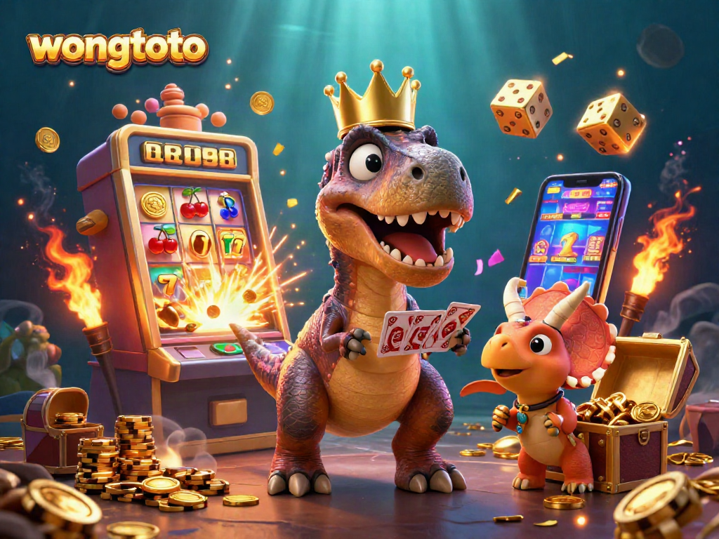 Engage with wongtoto gameplay featuring a cartoon T-Rex shuffling cards amid exploding slot machine elements.