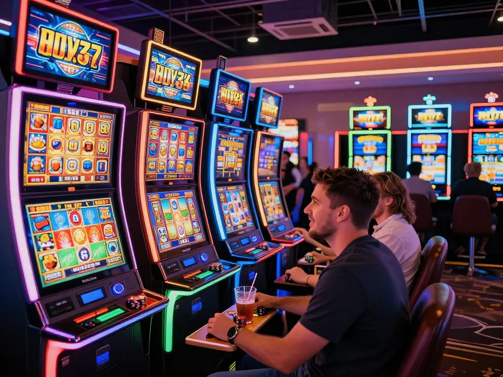 Players enjoying vibrant slot777 machines in an exciting casino atmosphere.