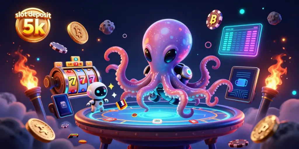 Permainan slot deposit 5k dengan alien dan robot, dalam suasana kasino yang futuristik.