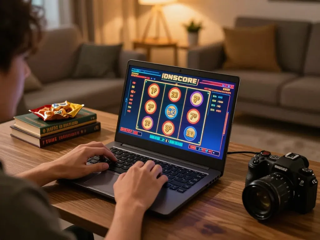 IDNSCORE player enjoying online slot games on a laptop in a cozy home setting.