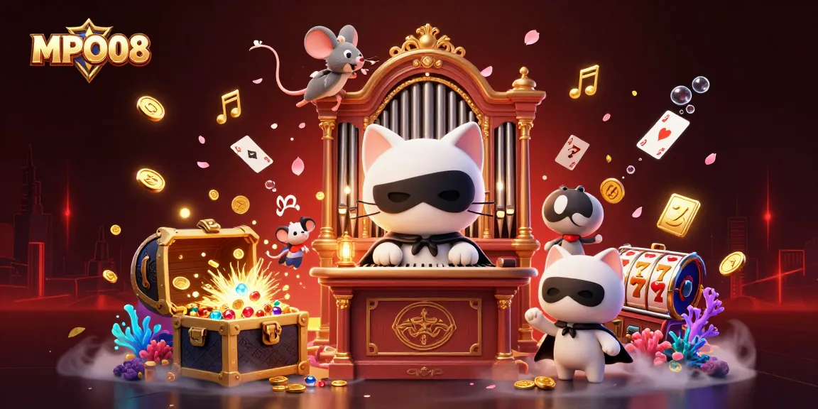 MPO08 showcases a vibrant casino scene with a cartoon phantom cat and acrobatic elements amidst a treasure-filled backdrop.