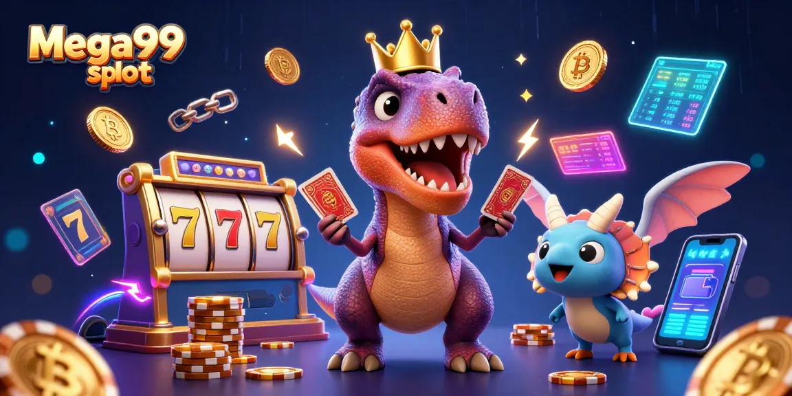 Spin big wins with mega99 slot, featuring a friendly dinosaur and glowing coins