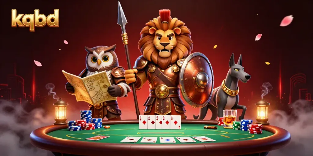 Engage with kqbd through an immersive poker-themed scene featuring dynamic characters and gaming elements.