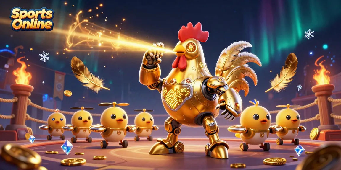 Engage with Sports Online betting through an exciting 3D illustration of a futuristic rooster robot surrounded by dynamic elements.