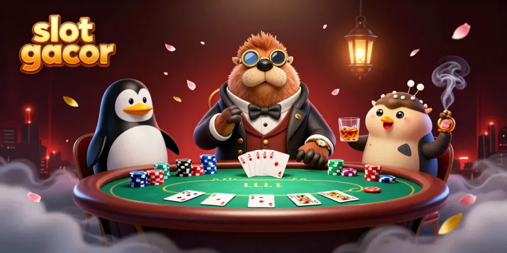 Experience the thrill of slot gacor with a jolly walrus playing poker at an underwater casino.