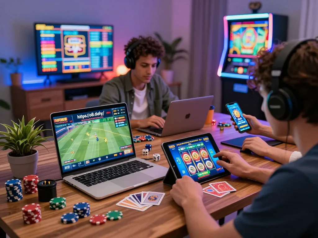 Players enjoying diverse games at home via https://o8.delivery/ showcasing an exciting online gambling atmosphere.
