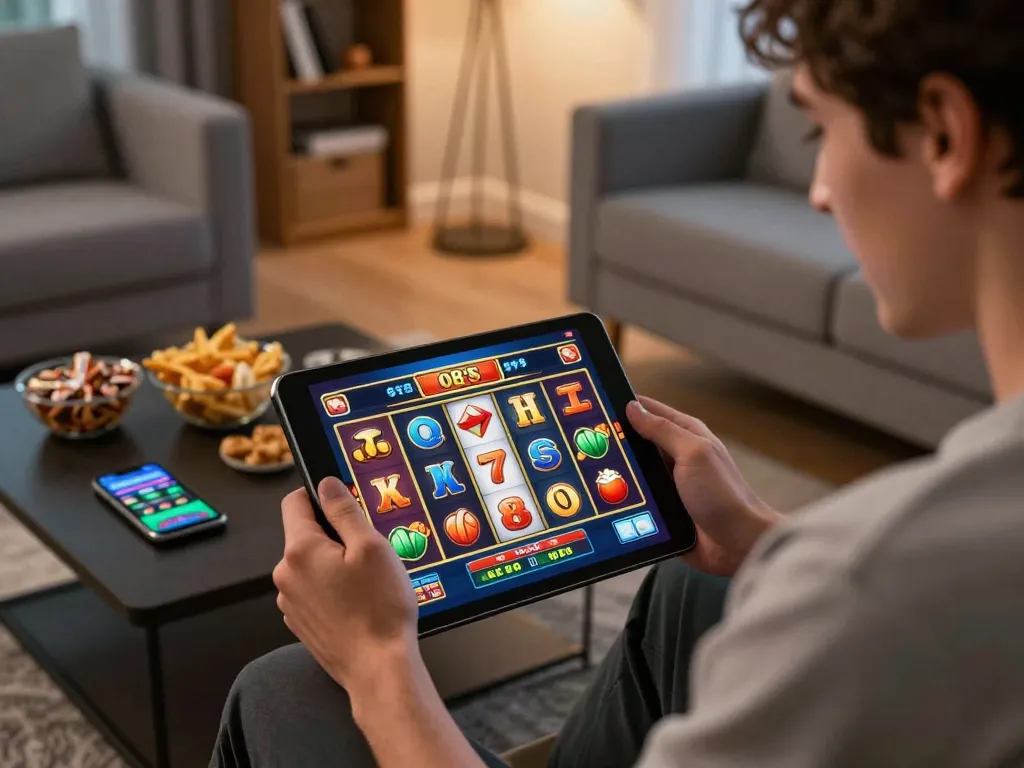 Engaging home gambling scene with a player enjoying O8's online slots game on a tablet, focused atmosphere enhances online experience.