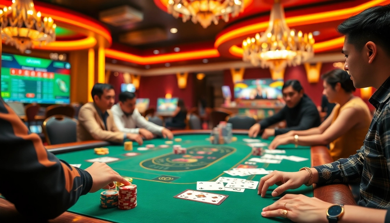 Pemain menikmati permainan poker yang mendebarkan dengan nuansa Situs Gacor di sebuah kasino mewah.