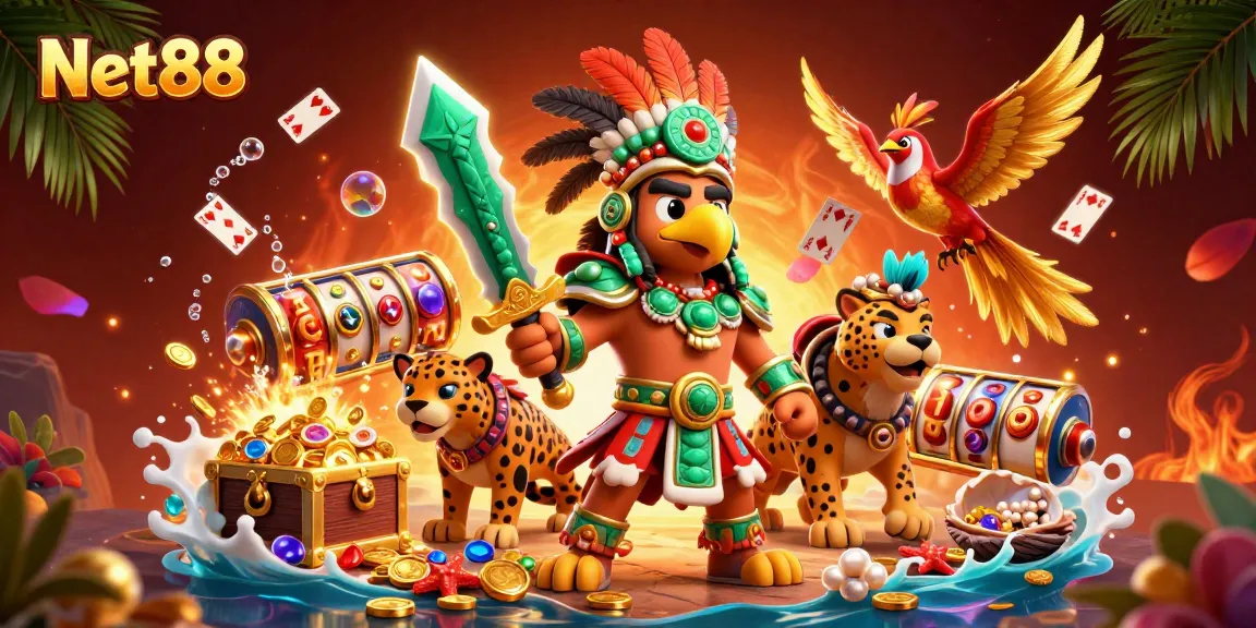 Experience thrilling gameplay with Net88, where the 3D Aztec warrior battles for jackpot treasures in a vibrant casino.