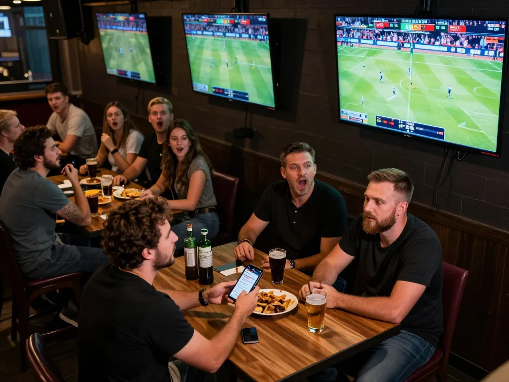 Fans enjoying sports betting excitement at https://ta88at.com/ with live game screens and mobile apps.