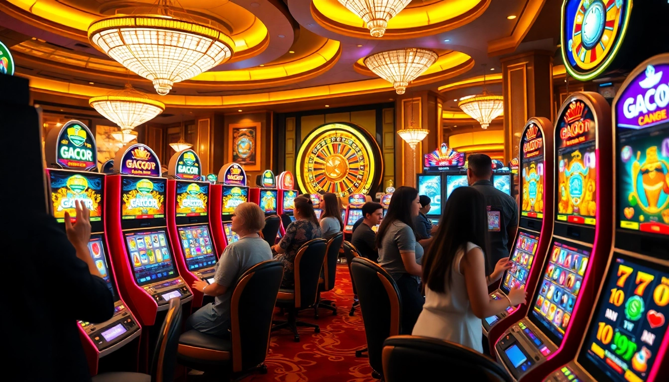 Join enthusiasts playing slot gacor machines in a luxurious casino atmosphere.