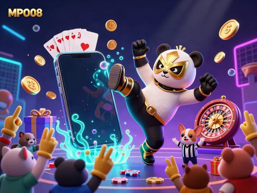 MPO08 features a 3D panda wrestler performing a kick surrounded by vibrant casino elements.