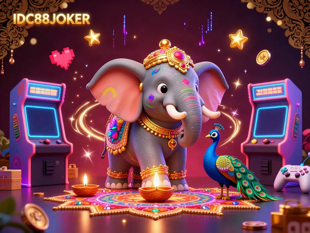 Experience the excitement of IDC88JOKER with vibrant casino elements including a Diwali-themed elephant.