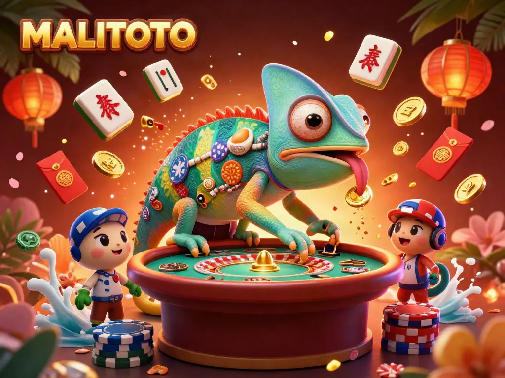 MALITOTO chameleon casino owner attracting golden coins amidst vibrant casino elements.
