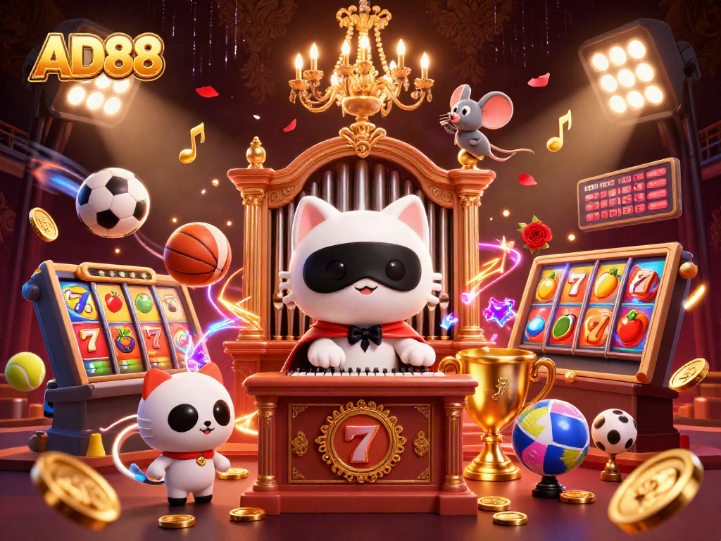 AD88 engages players with vibrant slot machines and a whimsical casino scene, showcasing lively characters.