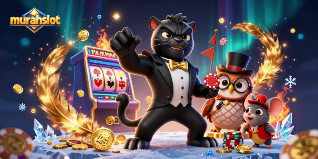 Murahslot menampilkan panther dan teman-teman bermain slot dengan keramaian koin emas.