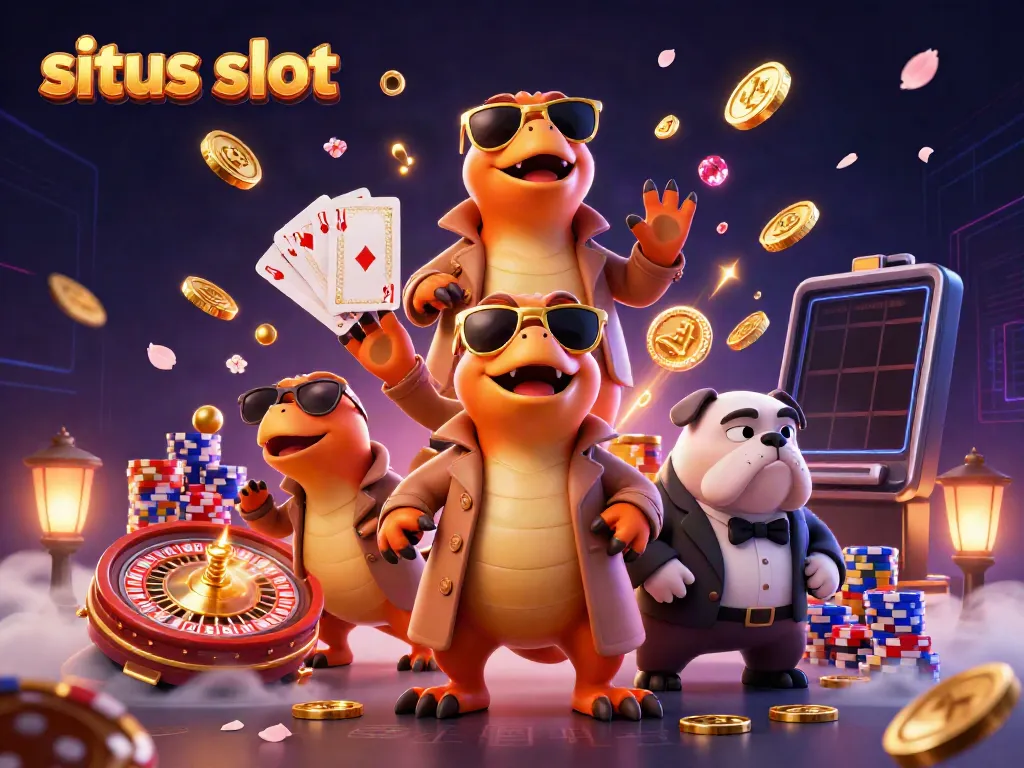 Experience situs slot dynamics as cartoon raptors charm a VIP casino with golden coins and gems.