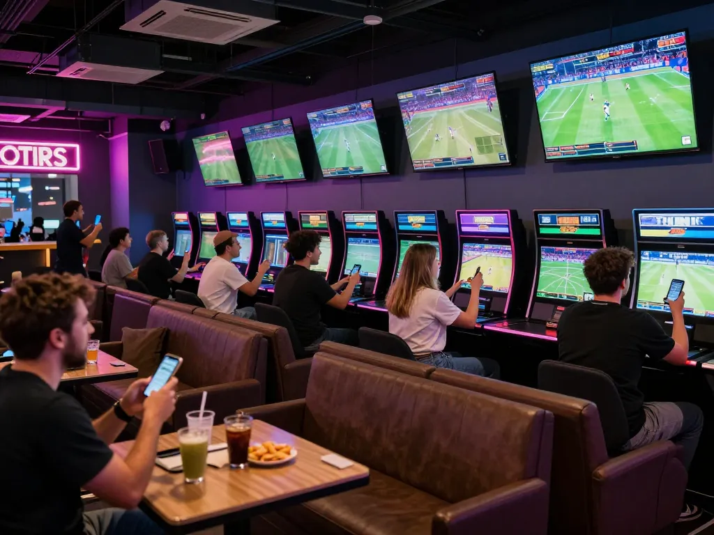 VA88 sports betting action with fans cheering and screens showing live events in a vibrant lounge