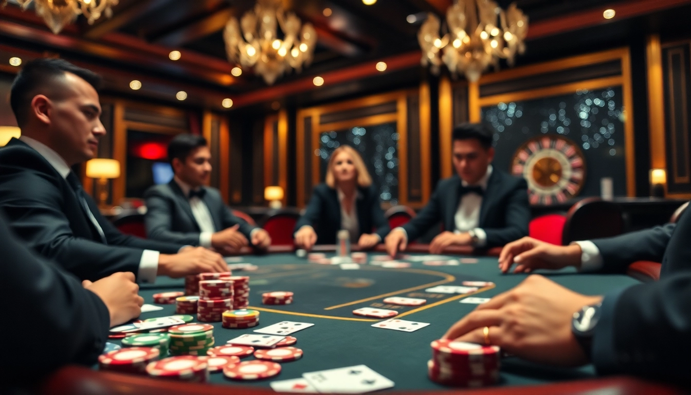 Engaging players participate in a poker idn game at a luxurious casino table, surrounded by colorful chips and cards.