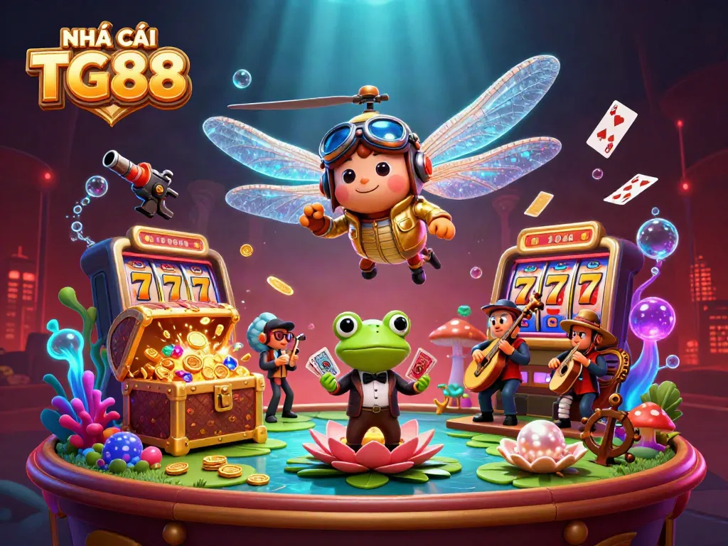 Engaging NHÀ CÁI TG88 illustration showcasing a casino-themed scene with dynamic characters and vibrant game elements.