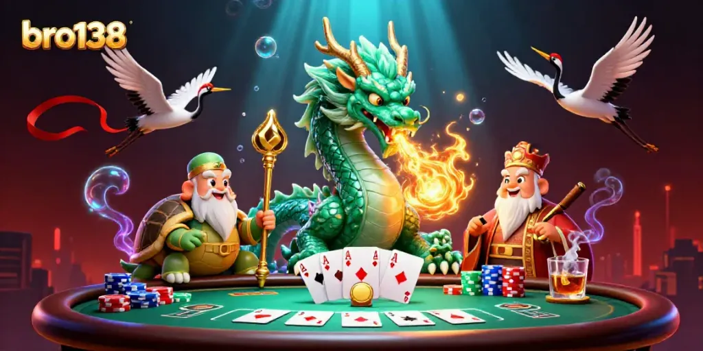 Witness the bro138 dragon and lucky characters igniting excitement in a poker scene.