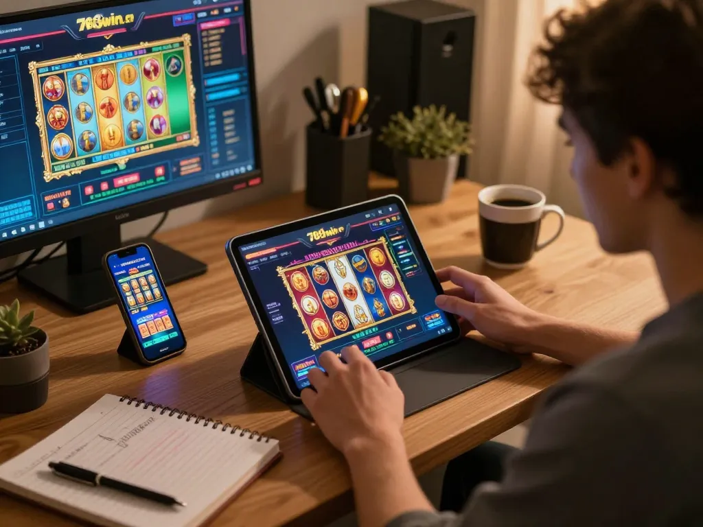 Player engaging with the 789win.com mobile app, showing dynamic casino games on tablet in a cozy home setting.