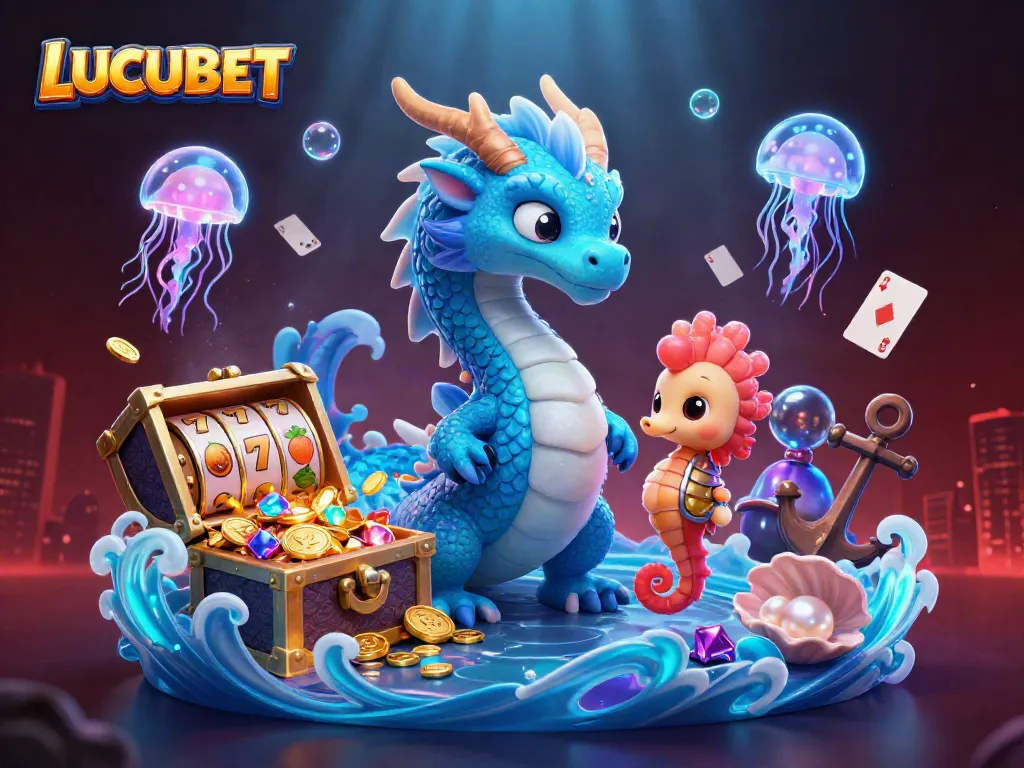 LUCUBET showcases a vibrant underwater casino scene with a glowing water dragon, seahorse knight, and slot symbols.