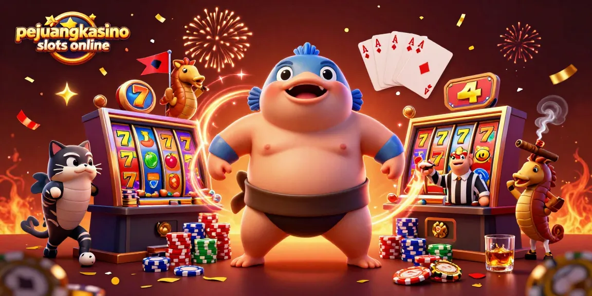 Rasakan permainan mendebarkan dengan pejuangkasino slots online yang menampilkan gulungan slot yang cerah dan karakter animasi.