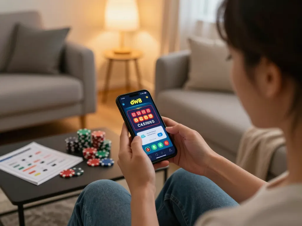 Engaging player using the dw8 app on smartphone at home for online gaming.