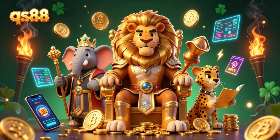 Experience thrilling gameplay with qs88, featuring a lion king and his royal advisors in a vibrant casino scene.