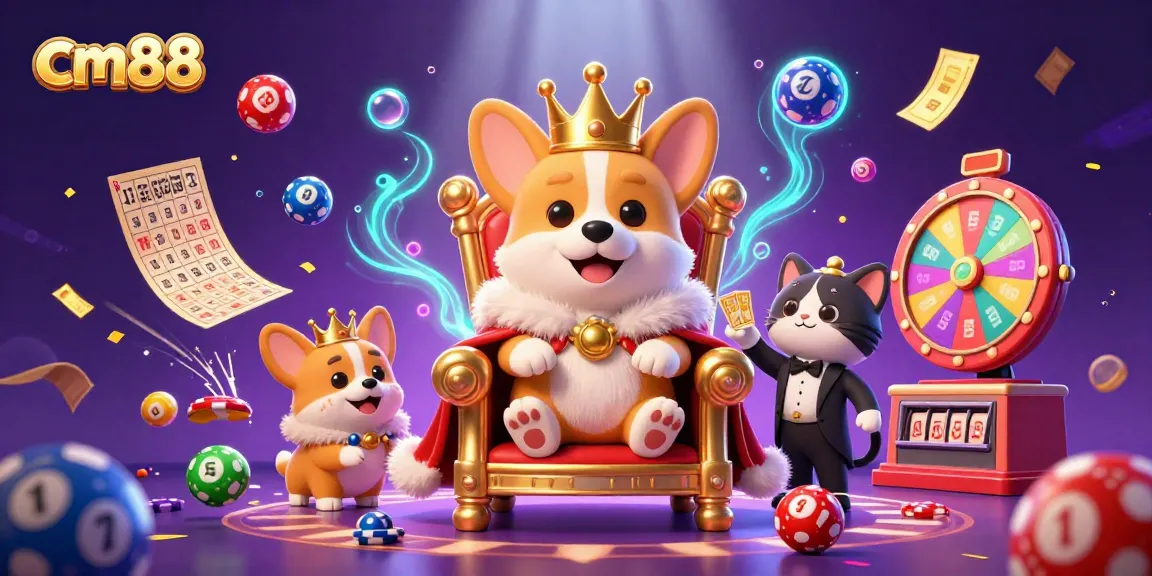 Join the excitement of cm88 with a vibrant casino scene featuring a royal corgi and lively game elements.