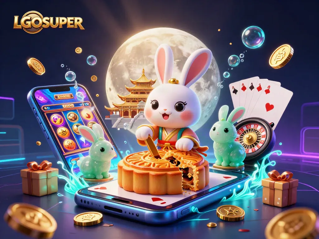 Experience LGOSUPER's thrilling journey with the moon rabbit revealing hidden poker chips in an enchanting casino scene.
