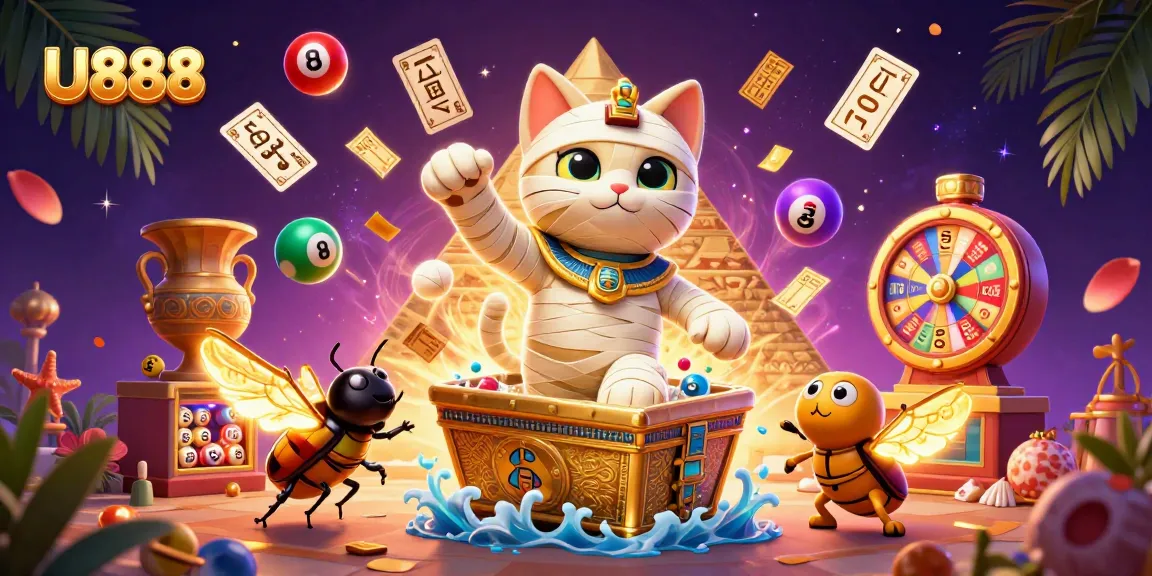 Experience thrilling action with U888 in this vibrant 3D illustration featuring a mummy cat and dynamic casino elements.
