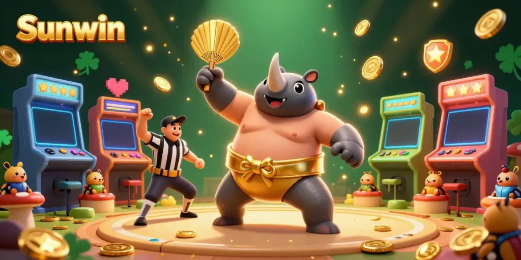 Experience the thrill of Sunwin with an energetic 3D casino scene featuring a beetle champion and festive gaming elements.