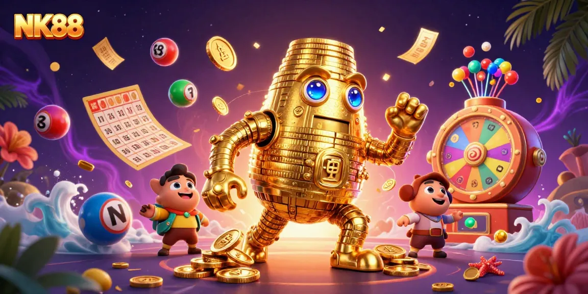Engage with NK88's dynamic casino world featuring a golden golem and colorful game elements.