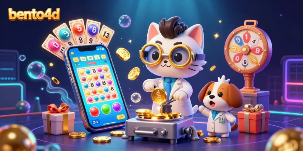 Engage in exciting lottery games with bento4d using a colorful smartphone game and golden coins bursting forth.