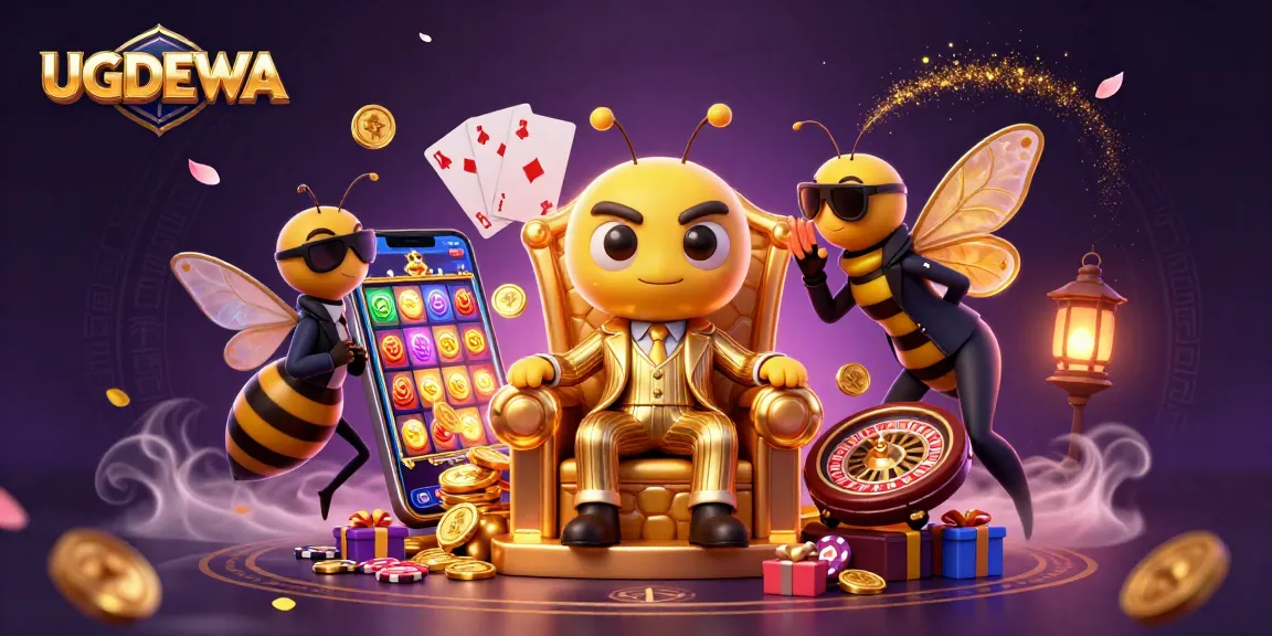 UGDEWA showcases a vibrant casino scene with a bumblebee mob boss, slots, and golden coins.