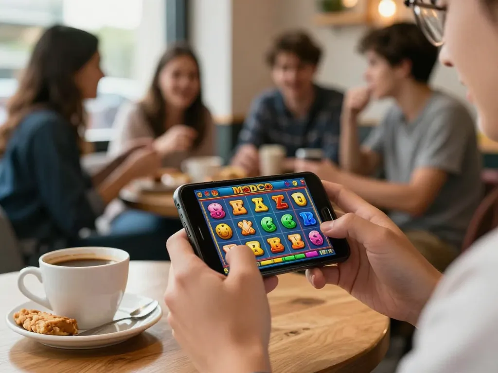 Engaging mobile gaming moment featuring a player enjoying toto macau slot on a smartphone in a cozy cafe.