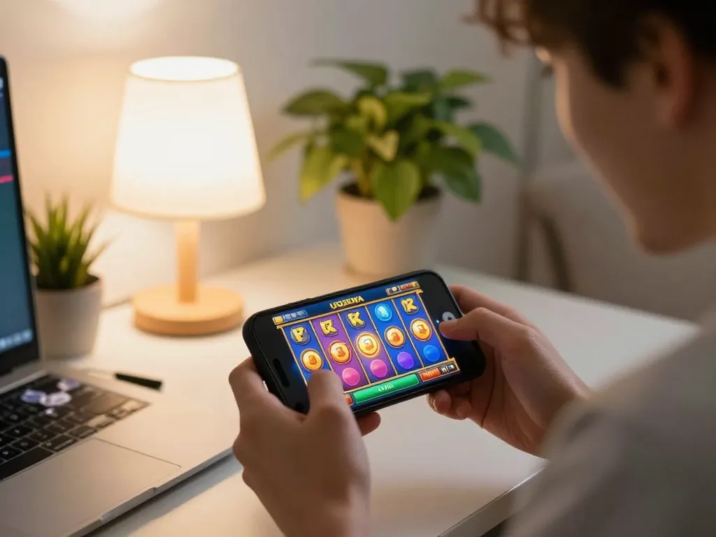 Engaging gameplay on UGDEWA slot game displayed on a smartphone in a cozy home setting
