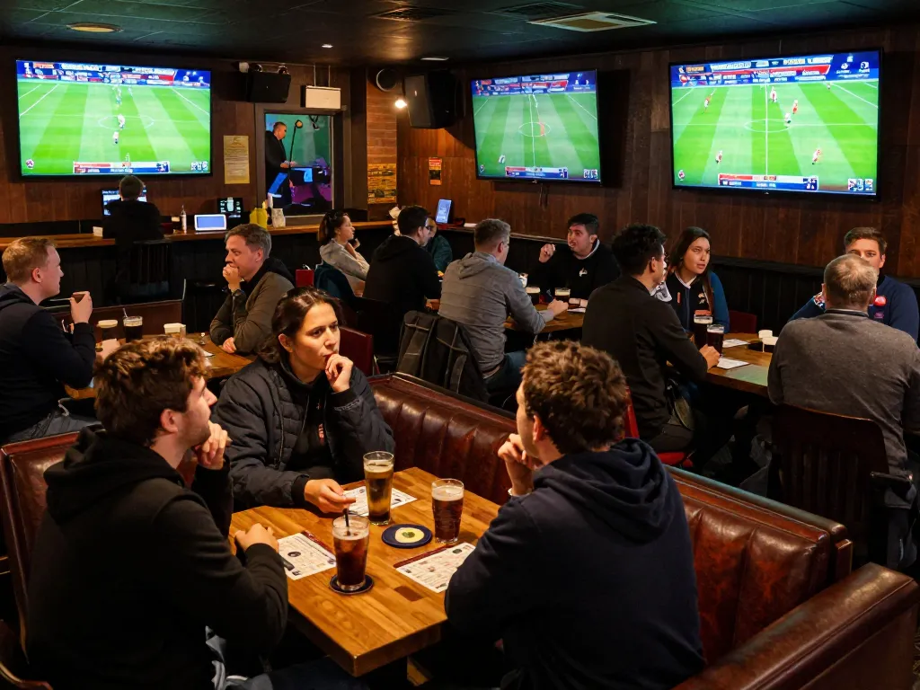 Cakhiatv patrons excitedly engaging in sports betting at a lively bar during live matches.